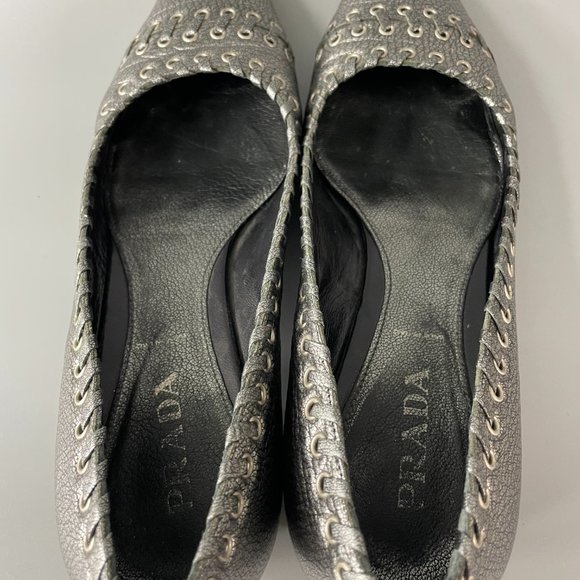 Authentic PRADA Pewter Metallic Leather Block Heels, 36 1/2 - Picture 7 of 11